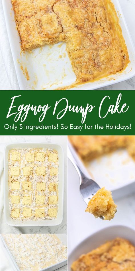 3 Ingredient Eggnog Dump Cake Quick Holiday Desserts, Easy Holiday Dessert, Eggnog Dessert, Eggnog Cake, Easy Eggnog, Easy Holiday Desserts, Festive Desserts, Holiday Dessert, Dump Cake Recipes