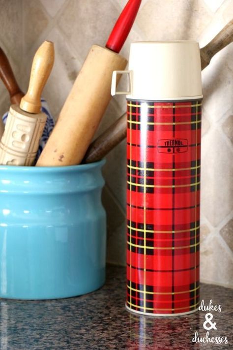 vintage plaid thermos decor ideas Plaid Thermos, Vintage Kitchen Accessories, Joy Sign, Vintage Coke, Silver Tea Set, Vintage Thermos, Christmas Tray, Christmas Magnet, White Lanterns