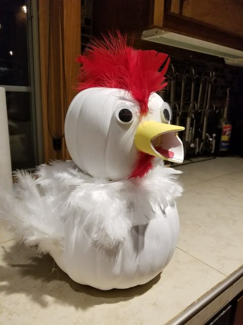 Chicken made out of 2 pumpkins for daycare contest. Kate Roessler Book Character Pumpkins, Creative Pumpkin Decorating, Character Pumpkins, Chicken Pumpkin, Pumpkin Decorating Contest, No Carve Pumpkin Decorating, Pumpkin Contest, Halloween Pumpkin Designs, Halloween Pumpkins Painted