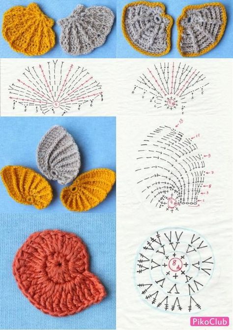 Shells Made From Crochet! Graphics And Ideas Crochet Seashell Applique, Maxi Dress Ideas, Nautical Crochet, Crochet Shell Pattern, Crochet Applique Patterns Free, Crochet Fish, Crochet Motif Patterns, Form Crochet, Crochet Lace Pattern