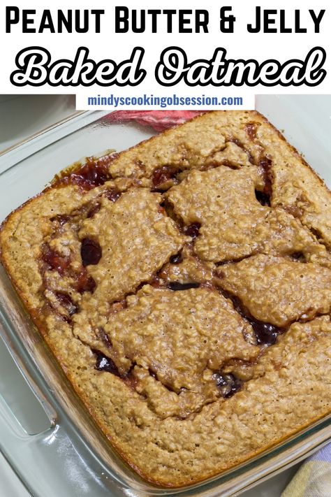 You'll love how this easy peanut butter and jelly oatmeal bake comes together in just one bowl. Plus, it's made with simple ingredients like quick oats, creamy peanut butter, sweet jelly, eggs and a little sugar. This dish is packed with whole grains making it a healthy breakfast. It heats up well in the microwave, so it's a great meal prep breakfast option. via @mindyscookingobsession Peanut Butter And Jelly Baked Oatmeal, Quick Cooking Oats Recipes, Baked Oatmeal Quick Oats, Baked Oatmeal Peanut Butter, Peanut Butter And Jelly Oatmeal, Peanut Butter Baked Oats, Pb Oatmeal, Baked Oatmeal Recipes Healthy, Oatmeal How To Make