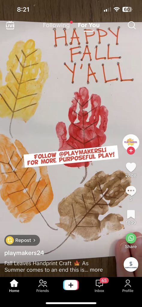 Leaf Hands Craft, Fall Leaf Handprint Art, Fall Leaves Handprints, Hand Print Fall Tree, Autumn Leaf Pictures For Kids, Play Maker, Purposeful Play, Fun Fall Activities, Leaf Crafts