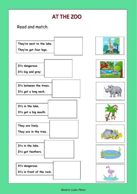 At the zoo. Read and match worksheet Zoo Animals Preschool Worksheets, Zoo Animals Worksheet, At The Zoo Worksheets, Zoo Vocabulary Preschool, Dear Zoo Literacy Activities, Zoo Vocabulary, Zoo Animal Activities, Zoo Games, Elementary Worksheets