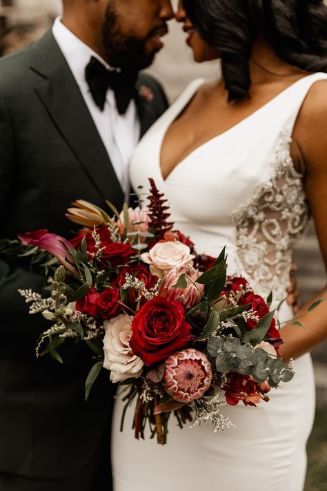 Beautiful pink, red and sage green bridal bouquet l Image by Barbara Oliver Red Blush Green Wedding, Red And Olive Green Wedding, Emerald Green And Wine Red Wedding Theme, Sage And Red Wedding, Red And Sage Green Wedding, Sage Green Bridal Bouquet, Surprise Gender Reveal, Red And Pink Wedding, Red Wedding Bouquet