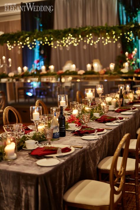 Red and Green Wedding Theme, Candlelit Wedding Table Setting, Wedding Candle Ideas, Christmas Wedding Ideas #fallweddings #greenery Cool Winter Wedding Ideas, Red And Green Wedding Theme Receptions, Red Gold And Green Wedding, Red Green Wedding Theme, Red And Green Winter Wedding, Romantic Christmas Wedding, Red Green Gold Wedding, Red And Green Wedding Decor, Christmas Themed Wedding Decorations