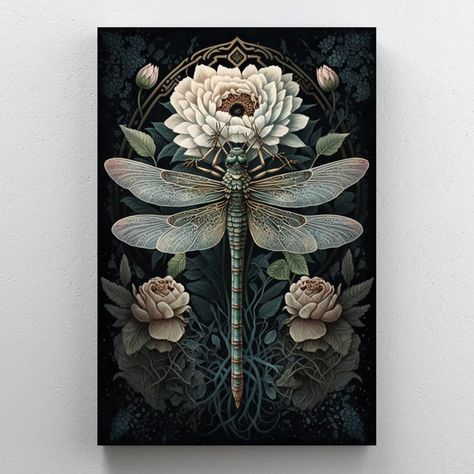 August Grove® Roses And Dragonfly On Canvas Print | Wayfair Symmetrical Painting, Steampunk Bathroom, Harmony Art, Dragonfly Art, Paper Butterflies, Art Plaque, Yellow Purple, Canvas Home, Dragonflies