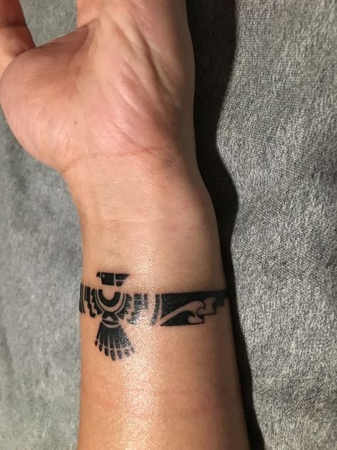 Thunderbird Tattoo Forearm, Native American Wrist Tattoos, Simple Aztec Tattoo, Western Wrist Tattoos, Aztec Arm Band Tattoo, Aztec Band Tattoo, Small Aztec Tattoo, Aztec Eagle Tattoo, Thunderbird Tattoo