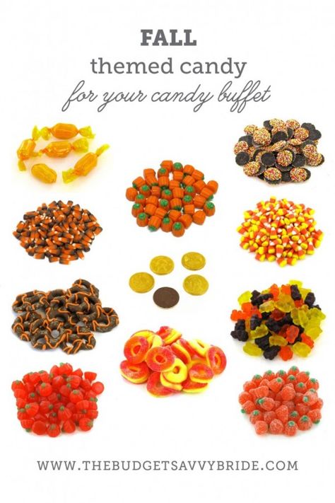 Fall Themed Candy - Buffet Ideas. Fall Candy Bar Wedding, Fall Candy Bar Ideas, Fall Candy Table Ideas, Fall Candy Bar, Fall Wedding Shower Ideas, Fall Bridal Shower Ideas, Wedding Buffet Food, Candy Buffet Wedding, Fall Candy