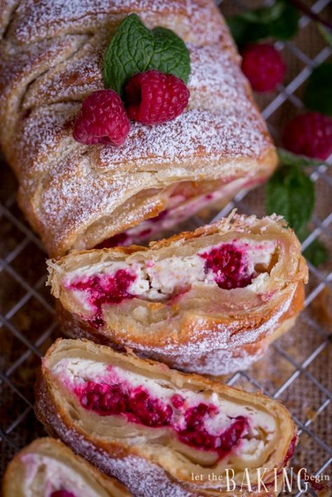 Raspberry Cheesecake Danish - Puff pastry braid filled with cheesecake and raspberries is impressive as it is easy to make. Follow the step by step picture instructions for a homemade dessert that take only 30 minutes to make! By Let the Baking Begin! Danish Puff, Raspberry Danish, Cheesecake Danish, Puff Pastry Braid, Pastry Braid, Puff Pastries, Raspberry Desserts, Puff Pastry Desserts, Homemade Dessert