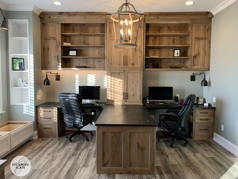 office with double desk and peninsula in the center Office Layout With Two Desks, Built In L Shape Office Desk And Cabinets, Work And Game Desk Setup, Peninsula Office Desk, Shared Desk Space, Office With T Shaped Desk, Home Office T Shaped Desk, Peninsula Desk For Two, T-shaped Desk