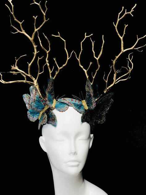 Woodland Fairy Headdress Twig Headpiece With Butterflies Nature Goddess Headband Ethereal Forest Crown - Etsy Twig Headpiece, Forest Crown, Fairy Headdress, Goddess Headband, Ethereal Forest, Plague Doctor Costume, Butterflies Nature, Higher Art, Teal Butterfly