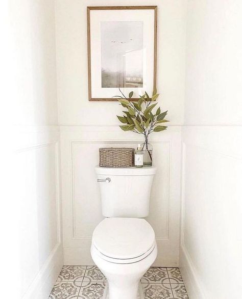 Toilet Renovation Ideas Small Spaces, Frames Above Toilet, Powder Room Over Toilet Ideas, Painting Behind The Toilet, Behind Toilet Wall Decor, Behind Toilet Decor Modern, Toilet Room Accent Wall, Small Downstairs Bathroom Ideas, Large Blank Wall In Bathroom