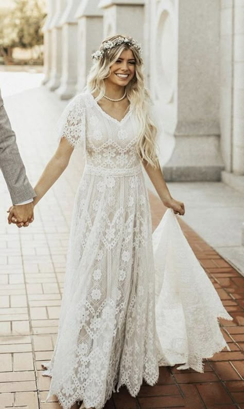 Simple Ball Gown Lace Beach Boho Wedding Dress Bridal Gown sold by Wedding store on Storenvy Simple Lace Country Wedding Dress, Boho Wedding Dress Lace Vintage Simple, Boho Wedding Dress Flowy, Modest Wedding Dresses For Fall, Simple Wedding Dress Simple Wedding Dress Casual Backyards, Simple Lace Boho Wedding Dress, Bohemian Modest Wedding Dress, Casual Winter Wedding Dress Simple, Wedding Dresses Short Sleeves Lace