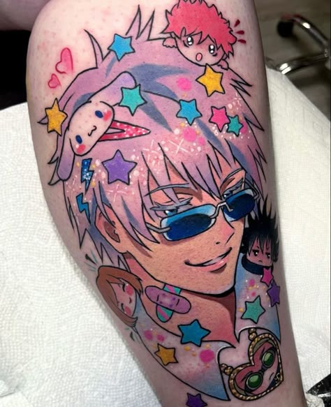 Cute Color Tattoos For Women, Kawaii Anime Tattoo, Hyperpop Tattoo, Kawaii Tattoo Anime, Anime Tattoos Color, Oc Tattoo Ideas, Tattoo Silly, Anime Tattoos Colorful, Tattoos Color