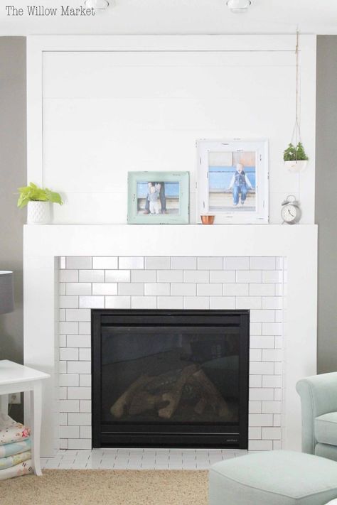 Modern fire place mantle with shiplap and white subway tile. Fireplace With Shiplap, Subway Tile Fireplace, Fireplace Shiplap, Tile Around Fireplace, Victorian Fireplace Tiles, Tile Fireplace, Fireplace Tile Surround, Shiplap Fireplace, Farmhouse Fireplace