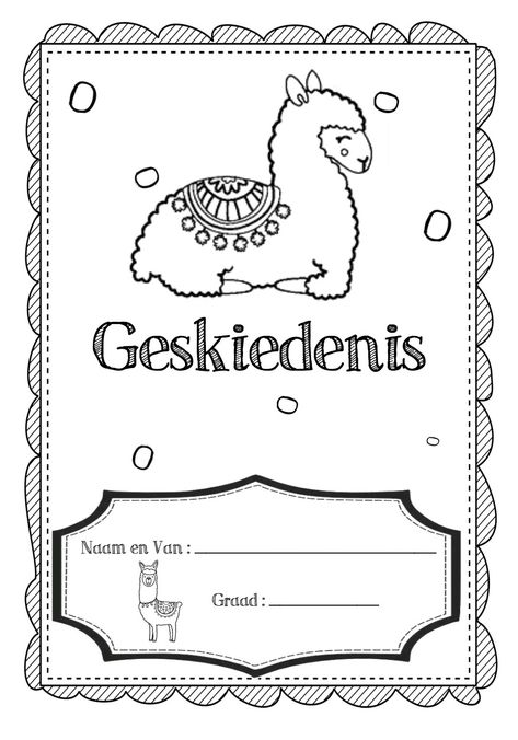 Llama skool voorblad - School page covers Geskiedenis History Book Cover, File Dividers, Workbook Cover, Bible Object Lessons, School Book Covers, Comprehension Exercises, Book Cover Page, School Coloring Pages, School Labels