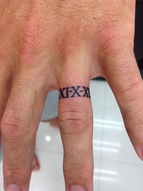 Roman Numeral Band Tattoo, Roman Numerals Finger Tattoo, Roman Dates Tattoo, Roman Numeral Tattoo Ring Finger, Roman Numeral Wedding Band Tattoo, Roman Numeral Ring Tattoo, Roman Birth Date Tattoo, Wedding Ring Tattoo Roman Numerals, Roman Numeral Finger Tattoo Wedding Ring