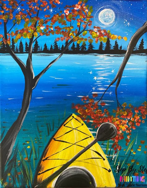 Moonlight Kayak Acrylic Painting Tutorial - Step By Step Painting With Tracie Kiernan Autumn Acrylic Painting Tutorial, Kayak Painting Acrylic, Fall Painting Step By Step, Painting Tutorial Acrylic Step By Step, Camping Painting Easy, Easy Beginner Painting Step By Step, Camping Paintings, Tracie Kiernan, Canoe Painting