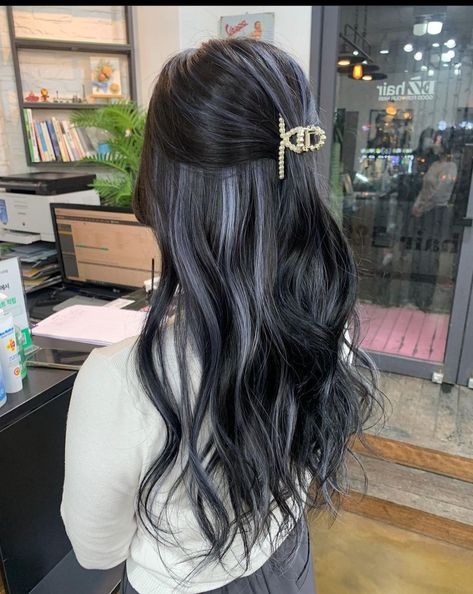 Black Hair Grey Peekaboo, Dark Brown Hair With Lilac Highlights, Blue Grey Highlights On Dark Hair, Balayage Peekaboo Highlights, Peekaboo Balayage For Dark Hair, Black Hair Grey Streak, Brown Peak A Boo Hair, Black Hair With Grey Underneath, Gray Peekaboo Hair