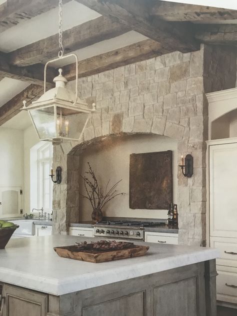 Stone Alcove Kitchen, Stone Kitchen Range Hood Ideas, Stone Stove Hood, Countryside Interior Design, Stone Range Hood Ideas, Antique Style Home, Arched Hood Vent, Arch Stove Hood, Built In Stove