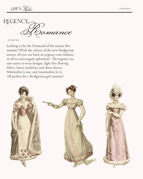 Welcome to issue three of She’s Chic 🤍 This week we’re taking a look at Regency-core fashion, all thanks to the new season of Bridgerton! Which look is your favourite? . . . . . . . . #theparisianchique #theparisguru #oldmoneyaesthetic #oldmoney #oldmoneystyle #coquette #coquetteaesthetic #coquettefashion #coquettegirl #coquettecore #coquettedollette #parisian #parisianamour #parisianchic #parisianamour #memuarypost #icewasonline #girlygirls #pinklovers #pistache_blog #andsave #llemerci #lux... Regency Art, Regency Wedding, Vestidos Anime, Polite Society, Societal Norms, Regency Era Fashion, Period Pieces, Post Secret, Era Fashion