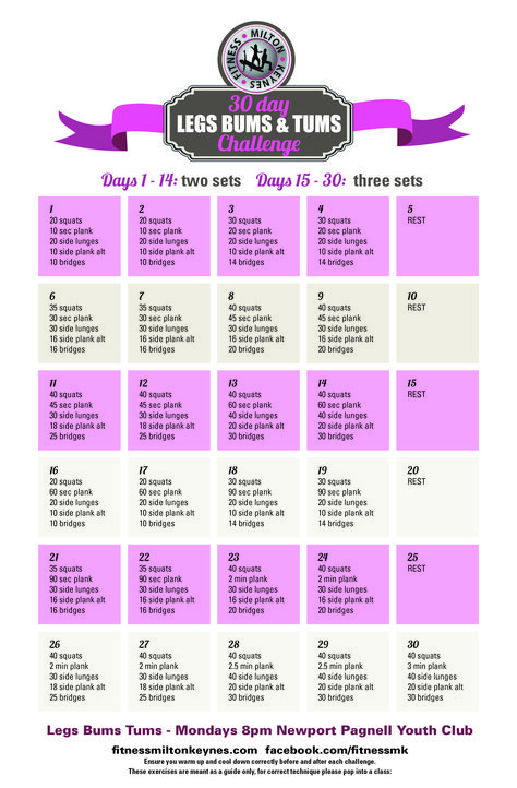 Take up this 30 Day Legs Bums Tums Challenge in January 2015 to tone up and boost your core muscles, define and tighten leg muscles and tone your butt muscles to the max!  Simply follow the exercises on the chart each day and let me know your results!   Get squeezing people!    Days 1 - 14: do two sets or each exercise Days 15 - 30: do three sets or each exercise    Ensure you warm up and cool down followed by a good stretch before and after each days challenge. Leg Challenge, Leg Workout At Home, Bum Workout, Lose Thigh Fat, 30 Day Abs, Thigh Fat, Thigh Exercises, At Home Workout Plan, Leg Muscles