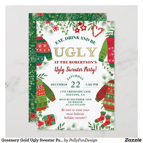 Greenery Gold Ugly Sweater Party Christmas Holiday Invitation Office Christmas Party Invitation, Ugly Sweater Invitations, Ugly Christmas Sweater Party Invitations, Xmas Party Invitations, Xmas Invitations, Ugly Sweater Party Invitations, Christmas Invitation Card, Greenery Christmas, Christmas Invite