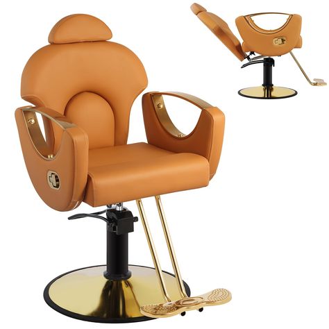 PRICES MAY VARY. Modern Design：The armrest adopt hollow metal structure design, With classic golden circular base metal frames,making the overall line of the salon chair streamlined, more modern and fashion. Upgraded Comfort：All the barber chair adopt High density memory sponge,it is soft and highly resilient. Covered with PVC artificial leather,which is skin friendly and breathable, as well as wear resistant and easy to clean. Can quickly disperse human body pressure, and enjoy a pressure free Home Barbershop, Reclining Salon Chair, Hair Salon Chair, Hair Chair, Stylist Chair, Hair Salon Chairs, Beauty Chair, Edgy Short Hair, Salon Chairs