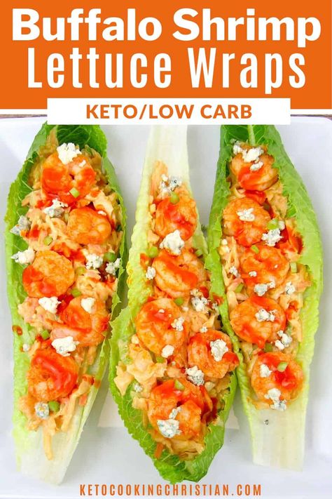 Easy Buffalo Shrimp Lettuce Wraps - Keto/Low Carb - Keto Cooking Christian Hooters Buffalo Shrimp Recipe, Buffalo Shrimp Salad, Shrimp Appetizers Easy, Buffalo Shrimp Recipes, Buffalo Chicken Lettuce Wraps, Shrimp Lettuce Wraps, Keto Shrimp Recipes, Buffalo Shrimp, Buffalo Recipe