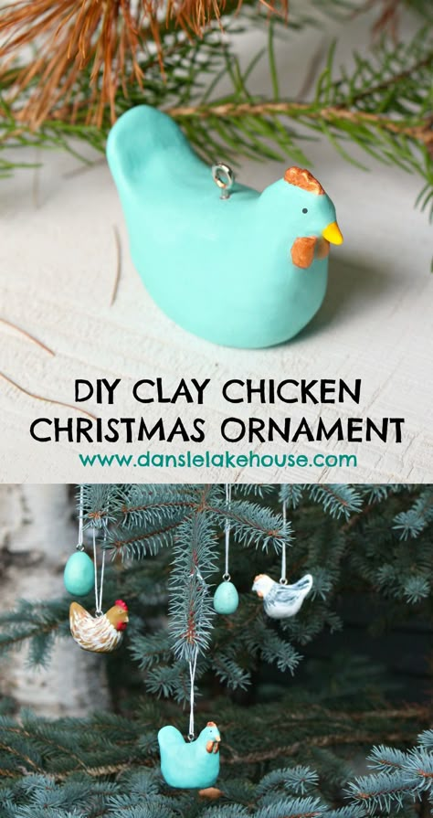 DIY Clay Chicken Christmas Ornament Cute Easy Ornaments To Make, Salt Dough Chicken Ornaments, Salt Dough Christmas Gifts, Easy Salt Dough Christmas Ornaments, Clay Chicken Ornaments, Sculpey Ornaments Diy, Chicken Gifts Diy, Christmas Ornament Handmade, How To Make Air Dry Clay Christmas Ornaments