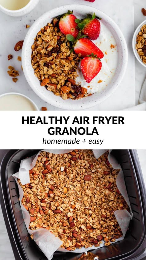 This homemade Air Fryer Granola is an easy and quick recipe that's ready in just 15 minutes! It's crunchy, delicious, and made with healthy pantry ingredients! I love that it's healthier too. It's high in fiber and lower in sugar compared to the store-bought stuff. Just 7 ingredients needed! Air Fryer Granola, Granola Easy, Vegetarian Snack, Healthy Vegetarian Snacks, Truck Living, Healthy Pantry, Pantry Recipes, Healthy Air Fryer, Vegan Pantry