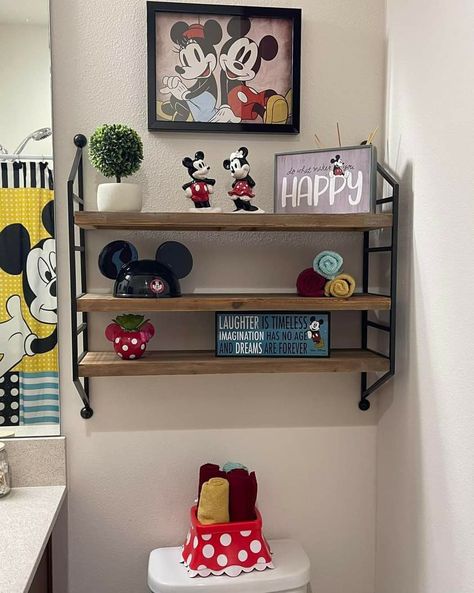 Modern Disney Bathroom, Disney Themed Bathroom Ideas, Mickey Bathroom Ideas, Subtle Disney Bathroom, Mickey Mouse Bathroom Decor, Disney Theme Bathroom, Mickey And Minnie Bathroom, Disney Themed Bathroom, Mickey Mouse Bathroom Ideas