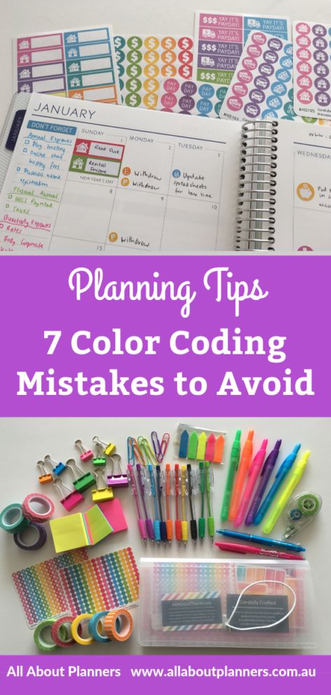 color coding mistakes to avoid planning tips inspiration ideas school beginner diary agenda organization all about planners Color Coding Planner, Aesthetic Digital Planner, Types Of Planners, My Planner, Creative Planner, Agenda Planner, Work Planner, Planner Spread, Planner Supplies