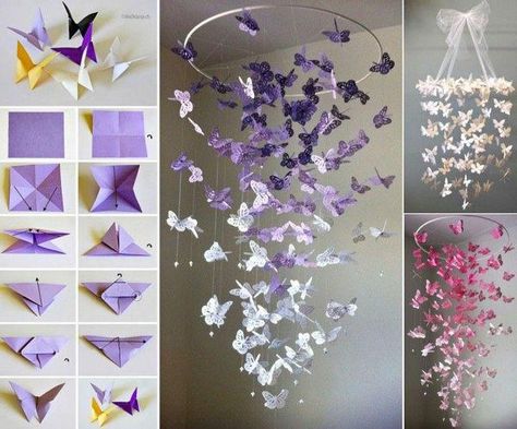 Butterfly Wall Art Diy, Diy Papillon, Butterfly Chandeliers, Kraf Kertas, Butterfly Mobile, Gallery Ideas, Seni Dan Kraf, Diy Butterfly, Diy Mobile