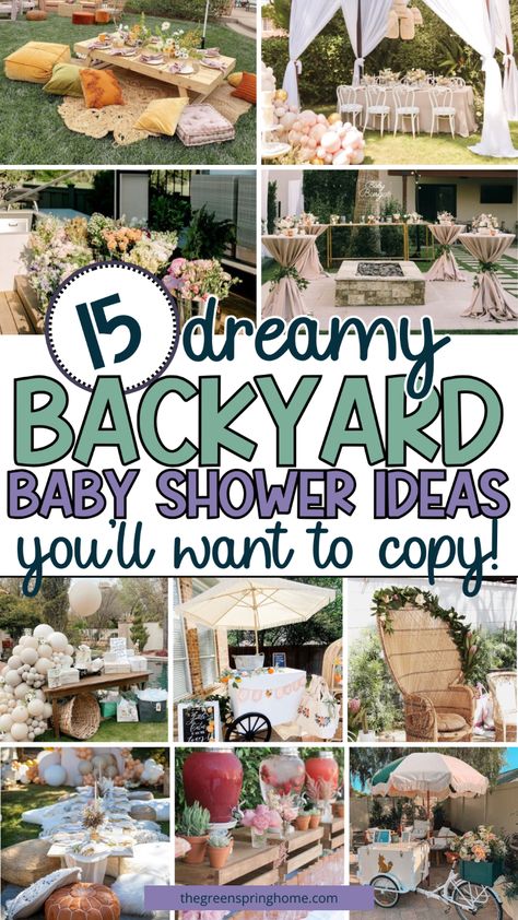 15 Dreamy Backyard Baby Shower Ideas - The Greenspring Home Baby Shower Outdoor Ideas, Outdoor Summer Baby Shower Ideas, Baby Shower In The Park, Baby Shower At Park Ideas, Baby Shower Park Ideas, Pavilion Baby Shower Ideas, Outdoor Baby Shower Decor, Outdoor Baby Shower Decoration Ideas, Baby Shower At Home Set Up