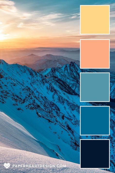 Sunrise over a snowy mountain top, with color palette from the image, shades of blue, peach, and buttery yellow Sunrise Color Palette, Trailer Makeover, Pantone 2024, Colour Themes, Sunrise Colors, Mountain Sunrise, Temperature Blanket, Color Schemes Colour Palettes, Mountain Decor