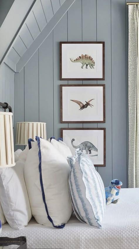 Boys Bedroom Built Ins, Coastal Kids Aesthetic, Blue Painted Nursery, Shared Room Paint Ideas, Grandmillenial Boys Bedroom, Panelling Boys Bedroom, Dusty Blue Boys Room, Boys Bedroom Inspiration, Toddler Boy Paint Room Ideas