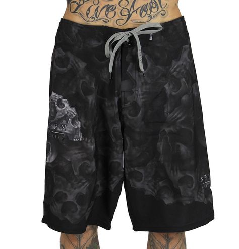 Morph Board Shorts Sullen Tattoo, Goth Swimwear, Back Toning, Skulls Tattoo, Black Swim Trunks, Fantasy Clothing Art, Inked Shop, Future Shop, Rockabilly Outfits