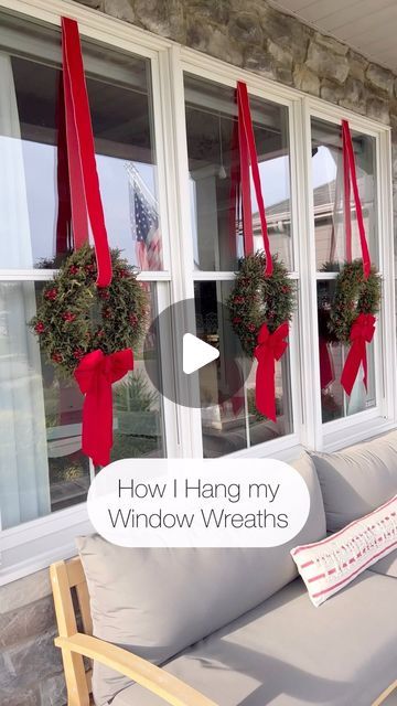 Kati Nairn | Beyond Gray on Instagram: "Comment WINDOW WREATHS for links to these wreaths and bows. I adore a holiday home that is decked out with window wreaths! I know this method won’t work for every home, but since I get asked so often about how I do this, I wanted to share. 🫶🏻" Wreath Outdoor Windows, Outside Window Christmas Wreaths, Christmas Wreaths For Windows Outdoors, Holiday Window Wreaths, Wreaths On Windows For Christmas Outside, How To Hang Wreath On Outdoor Window, White House With Christmas Wreaths On Windows Outside, Christnas Wreaths, Ribbon On Windows For Christmas