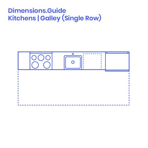 Single Row Galley Kitchens Dimensions & Drawings | Dimensions.com Single Row Kitchen, Small Linear Kitchen, Single Galley Kitchen, Linear Kitchen Layout, Homemade Kitchen Tables, Narrowboat Kitchen, Kitchen Shelves Styling, Shed Roof Design, Kitchen Galley