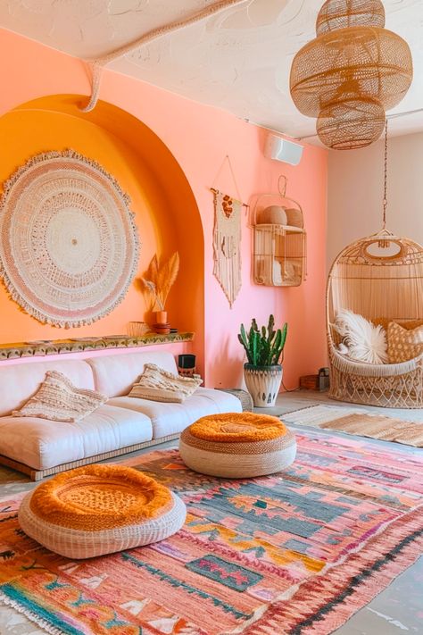 Have you ever seen a space that just radiates joy? This peachy nook with its knitted poufs, colorful rug, and a wicker swing feels like the ultimate relaxation spot. It’s the perfect boho zen room to curl up with a book or simply unwind in style. The cheerful vibe makes it ideal for anyone looking to create a small, cozy meditation space. Why not bring these carefree vibes into your home? Yoga Studio Lounge Area, Zen Corner Bedroom, Zen Room Ideas Meditation Decor, Boho Zen Room, Zen Meditation Room Ideas, Boho Meditation Room, Bohemian Meditation Room, Small Yoga Studio Design, Boho Yoga Room