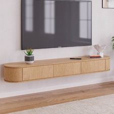 TV Units & Entertainment Units | Temple & Webster Curved Tv Unit Design, Wall Hung Tv Unit, Tv Bench Ideas, Minimal Tv Unit Design, Curved Tv Unit, Wall Mount Tv Unit, Rustic Tv Wall, Minimal Tv Unit, Simple Tv Unit