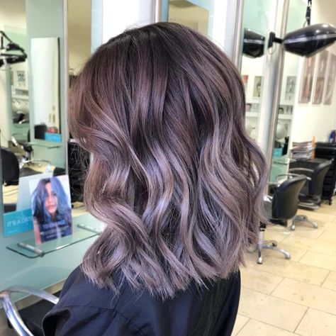 Brunette Balayage Hair With Purple, Balayage Hair Color Ideas Short Hair, Balayage Lilac Hair, Lilac Ash Brown Hair, Ash Brown With Purple Highlights, Smoky Lavender Balayage, Lilac Hair Highlights Brown, Ashy Lilac Brown Hair, Brunette Hair With Lavender Highlights