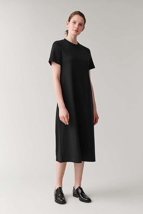 A-LINE COTTON JERSEY DRESS - black - Dresses - COS Oversized Black Collared Dress, Black Long Sleeve Oversized Midi Dress, Oversized Black Cotton Dress, Fitted Black Cotton T-shirt Dress, Cos Black Dress, Cotton Jersey Dress, Tent Dress, Essential Dress, Ageless Style