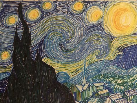 Felt tip pen drawing of stary night Felt Tip Pen Art Drawings, Felt Pen Art, November Art, Yalda Night, Pen Art Drawings, Poster Drawing, What To Draw, Starry Night Van Gogh, Felt Tip