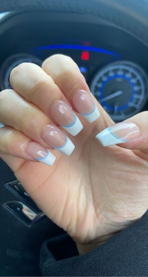 2023 Nails French Tip, White With Light Blue Nails, Cute French Tips Nails Acrylic, Cute Nail Ideas Light Blue, Blue And White Hoco Nails, Coffin Light Blue French Tip Nails, Blue And White French Tip Nails Acrylic, Light Blue Nails With White French Tips, Light Blue Tips Acrylic Nails