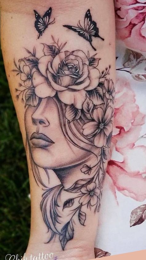 Tatoos Woman Leg Butterfly, Tattoo Of Female Face, Tattoo Of Woman Face, Womens Face Tattoo Design, Shoulder To Arm Tattoos For Women, Women’s Face Tattoo, Womans Face Tattoo Design, Face Tattoo With Flowers, Face And Flower Tattoo