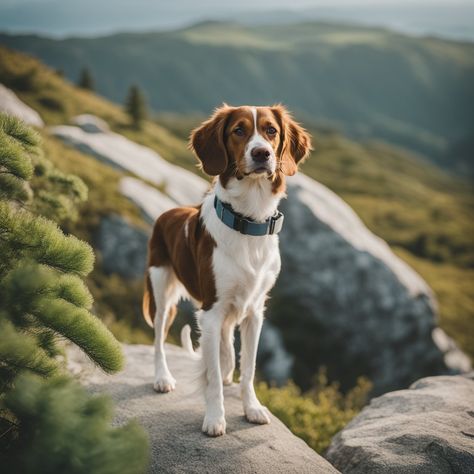 A Brittany Spaniel stands proudly atop a rocky mountain peak, surrounded by lush greenery and a winding hiking trail. The dog's tail wags eagerly as it takes in the breathtaking view Hiking Poses With Dog, Dogs On Adventures, Hiking Dog, Hikes With Dogs, Hiking With Dog Photography, Trail Dog, Brittany Spaniel, Portuguese Water Dog, Alaskan Malamute