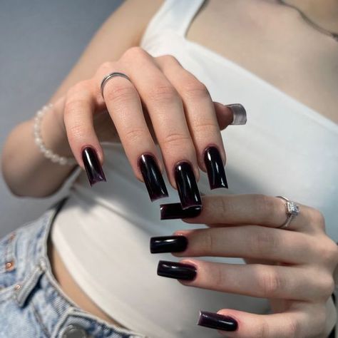 Black Nails Long Square, Darker Nails, Black Square Nails, Euphoria Nails, Gothic Nails, French Acrylic Nails, Gem Nails, Oval Nails, Crystal Nails