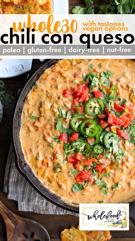 Whole30 Chili Con Queso Dip Chili Con Queso Dip, Con Queso Dip, Whole30 Chili, Vegan Ground Beef, Chili Chili, Recipes Chili, Whole 30 Meal Plan, Aip Paleo Recipes, Whole 30 Diet